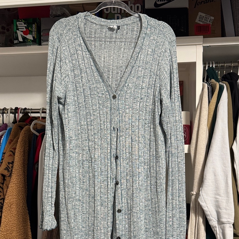 Anthropologie Women's Green/Blue Button-Up Duster